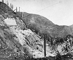 1906: Looking north through the Yule Creek Valley leading down to Marble (out of view) 1,300 feet (400 m) below. Left is Quarry 2 in the mountain side. Far right-below is Yule Creek at approx. 300 feet (91 m) below the bottom of Quarry 2.