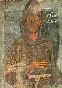 The oldest surviving depiction of Saint Francis is a fresco near the entrance of the Benedictine abbey of Subiaco, painted between March 1228 and March 1229. He is depicted without the stigmata, but the image is a religious image and not a portrait.[6]