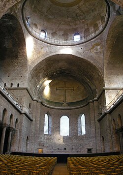 The apse of the church with cross at Hagia Irene. Nearly all the decorative surfaces in the church have been lost.