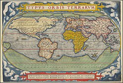 The 1564 Typus Orbis Terrarum, a map by Abraham Ortelius, showed the imagined link between the proposed continent of Antarctica and South America.
