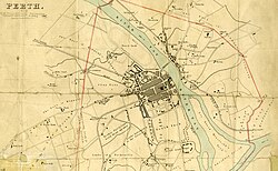 An 1832 map of Perth by James Gardner. It shows only one bridge (Perth Bridge) crossing the Tay. Tay Street had not yet been built, though some buildings exist on what would be its western side. St John's Kirk is marked