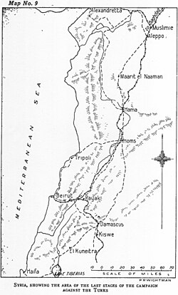 Cutlack Map 9 from the Sea of Galilee to Alexandretta with the Lebanon and Anti-Lebanon mountain ranges, rivers, the main roads and railways
