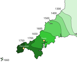 The shifting of the linguistic boundary in Cornwall, from Cornish to English, 1300–1750