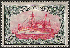 A German-era 5-mark "Karolinen" stamp showing a steamship