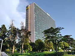 Palazzo Eni, in the EUR business district, is the headquarters of Eni, considered one of the world's oil and gas "supermajors".[157]