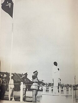 Somaliland Flying for the first time: The White and Blue Somali Flag at the Independence Celebrations on 26 June 1960 Prime Minister of the State of Somaliland and second president of Somaliland Muhammad Haji Ibrahim Egal salutes the flag.