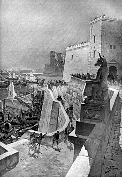 A naval action during Alexander the Great's Siege of Tyre (332 BC). Drawing by André Castaigne, 1888–89.