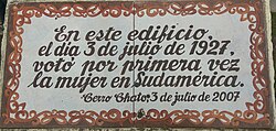 A plaque commemorating women voting in Uruguay on July 3, 1927. Though claiming that this was the first instance of women voting in South America, there are earlier reports of women voting in Ecuador.[7]
