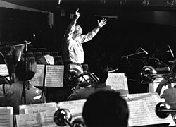 Gunther Schuller leads NEC Jazz Orchestra in rehearsal in Jordan Hall, 1990.