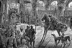 Culhwch entering Arthur's court in the Welsh tale Culhwch and Olwen. An illustration by Alfred Fredericks for an 1881 edition of the Mabinogion[64]