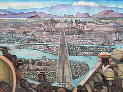 A mural by Diego Rivera showing the pre-Columbian Aztec city of Tenochtitlan. In the Palacio Nacional in Mexico City