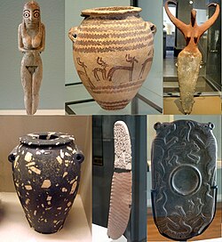 Artifacts of Egypt from the prehistoric period, from 4400 to 3100 BC. First row from top left: a Badarian ivory figurine, a Naqada II jar, a Bat figurine. Second row: a diorite vase, the Gebel el-Arak Knife, a cosmetic palette.
