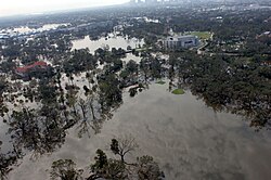 Aerial view from above City Park after Katrina. New Orleans Museum of Art is at center right. New Orleans Fairgrounds can be seen in distance at top left.