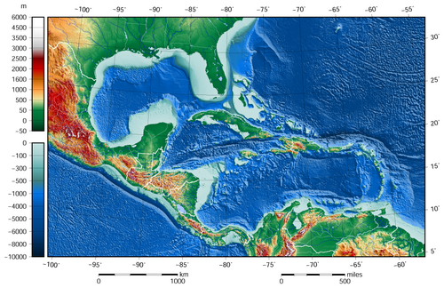 The shaded relief map of the Caribbean Sea and the Gulf of Mexico area[8][9]