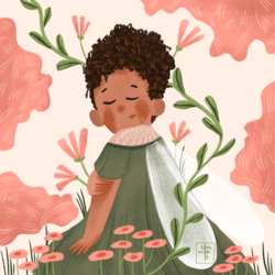 A woman of color closes her eyes and holds her arm, with a small smile and insect wings resting at her back. Pink flowers grow around her.