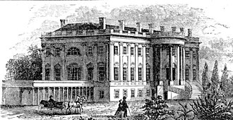 A 19th-century view of Jefferson and Latrobe's West Wing Colonnade, now the James S. Brady Press Briefing Room