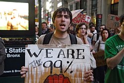 A protester at an Occupy Wall Street protest, an American movement against economic inequality and corporate greed from 2011