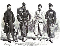 Argentine infantry soldiers in the Paraguayan War illustrated by Ange-Louis Janet for L'Illustration, 1864