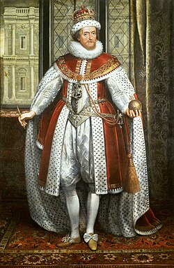 Portrait by Paul van Somer, c. 1620. In the background is the Banqueting House, Whitehall, by architect Inigo Jones, commissioned by James.