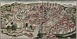 Coloured woodcut town view of Florence