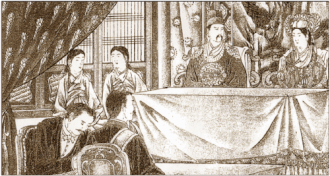Japanese illustration of Gojong and Queen Min receiving Inoue Kaoru.