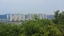 Gwangmyeong skyline with Gwangmyeon Station visible between the buildings