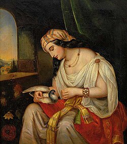 Young lady in oriental clothing with a homing pigeon (19th century painting)