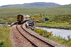 A Class 158 DMU on the Kyle of Lochalsh Line, a primarily single-track railway in Scotland
