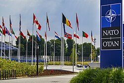 Flags of NATO member states wave at the entrance of NATO's headquarters in Haren