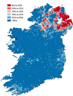 Proportion of respondents to the Ireland census 2011 or the Northern Ireland census 2011 who stated they were Catholic. Areas in which Catholics are in the majority are blue. Areas in which Catholics are in a minority are red.