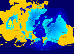 Northern Hemisphere glaciation during the last ice ages. The setup of 3 to 4-kilometer thick ice sheets caused a sea level lowering of about 120 m.
