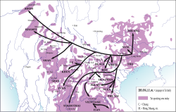 Map showing geographic distribution of Kra–Dai linguistic family. Arrows represent general pattern of the migration of Tai-speaking tribes along the rivers and over the lower passes.[27]: 27
