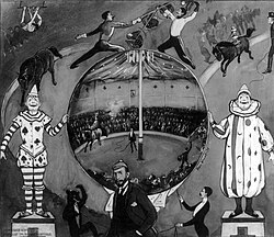The Amateur Circus at Nutley (1894) by American illustrator Peter Newell. The scene depicted in the center is of Annie Oakley, standing on horseback, demonstrating her shooting ability.