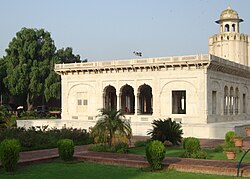The marble Hazuri Bagh Baradari was built in 1818 to celebrate Ranjit Singh's acquisition of the Koh-i-Noor diamond.[86]