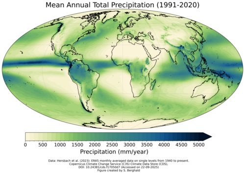 30-year (1991–2020) mean annual total precipitation based on ERA5 reanalysis data.