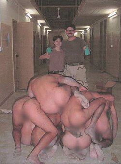 This photograph from Abu Ghraib prison released in 2006 shows a pyramid of abused Iraqi prisoners