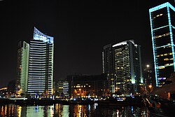 The Waterfront towers in Zaitunay Bay at night