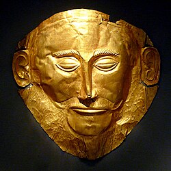 Death mask, known as the Mask of Agamemnon, 16th century BC, probably the most famous artifact of Mycenaean Greece
