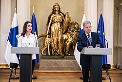 Prime Minister Sanna Marin and President Sauli Niinistö at the press conference announcing Finland's intent to apply to NATO on 2022