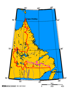 In Canada, the 52nd parallel north defines part of the border between Quebec and Newfoundland and Labrador (line A), though Quebec maintains a dormant claim to some of the territory to the north of the parallel (line B).