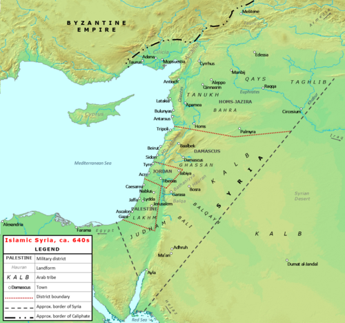 Map depicting the original ajnad (approximate boundaries), and the important towns and Arab tribes of Bilad al-Sham in the 640s