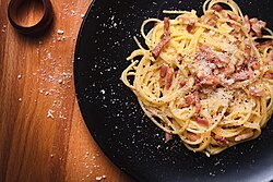 Spaghetti alla carbonara, a typical Roman dish