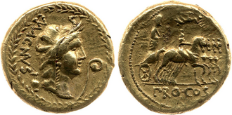 Aureus minted by Pompey for his second triumph in 71 BC, featuring the head of Africa on the obverse (celebrating his victory against Hiarbas). The reverse shows Pompey in his triumphal chariot, with his son Gnaeus seated before and Victory flying above.[52]