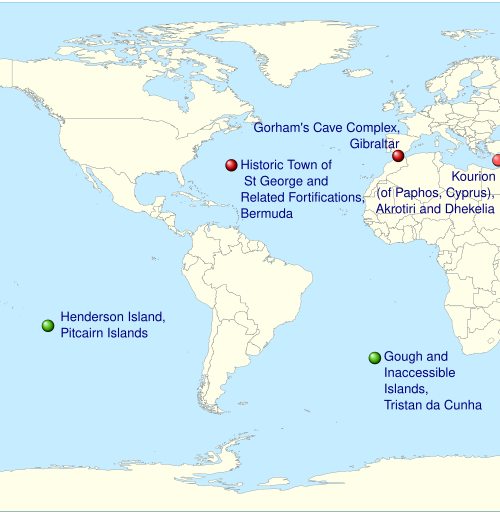 The World Heritage Sites of the UK (Overseas Territories): The natural sites of Gough and Inaccessible Islands and Henderson Island are marked green, the cultural sites of the Historic Town of St George and Related Fortifications, and Gorham's Cave are marked red.