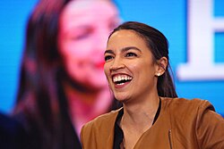 U.S. representative Alexandria Ocasio-Cortez stumping for Sanders at a November 8, 2019 rally in Council Bluffs, Iowa