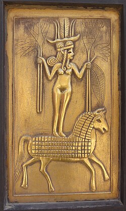 A modern reproduction af an ancient tablet depicting a naked woman standing of a horse