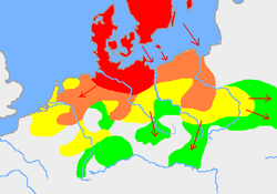 Expansion of early Germanic tribes into previously mostly Celtic Central Europe:[40] Settlements before 750 BC New settlements by 500 BC New settlements by 250 BC New settlements by AD 1 Some sources also give a date of 750 BC for the earliest expansion out of southern Scandinavia and northern Germany along the North Sea coast towards the mouth of the Rhine.[41]