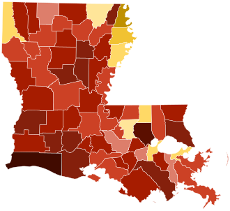 Map of parishes in Louisiana by racial plurality, per the 2020 U.S. census Legend Non-Hispanic White 40–50% 50–60% 60–70% 70–80% 80–90% 90%+ Black or African American 40–50% 50–60% 60–70% 70–80%