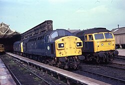 Workington stabling point in 1981, with locomotives from Classes 25, 40 and 47 parked between duties.