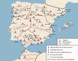 Diocese of Hispania after AD 293, highlighting its ecclesial metropolitan sees and their suffragan dioceses.
